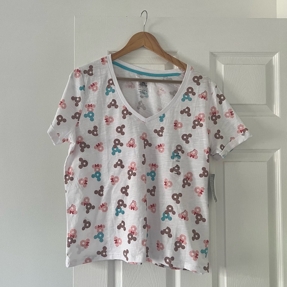 Disney Donut Mickey Minnie Shirt Rolled Cuffs v neck short sleeve tshirt